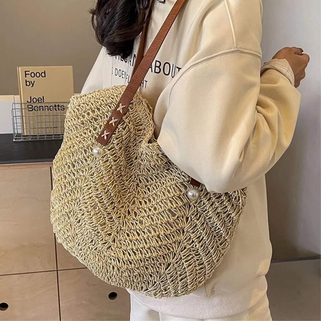 Large capacity Bag Sweet - decorated Straw Handbag, Essential for Stylish Outings Ladies shoulder Bag(Beige,A)