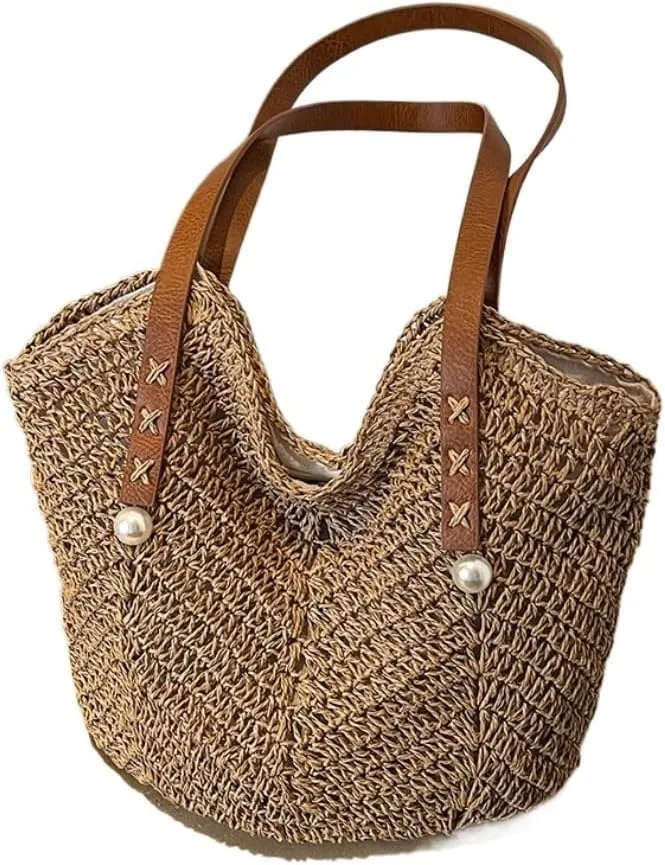 Large capacity Bag Sweet - decorated Straw Handbag, Essential for Stylish Outings Ladies shoulder Bag(Brown,A)