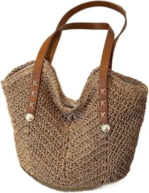 Large capacity Bag Sweet - decorated Straw Handbag, Essential for Stylish Outings Ladies shoulder Bag(Brown,A)