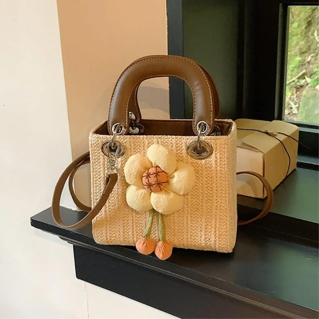 Large capacity Bag Sweet Flower - decorated Straw Handbag, Essential for Stylish Outings Ladies shoulder Bag