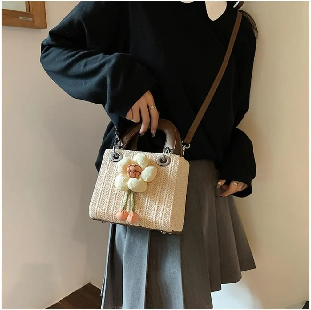 Large capacity Bag Sweet Flower - decorated Straw Handbag, Essential for Stylish Outings Ladies shoulder Bag