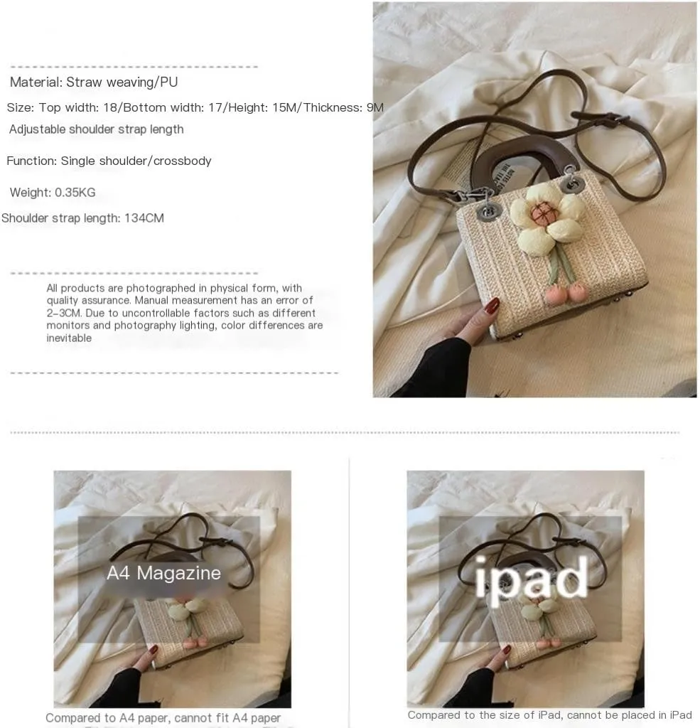 Large capacity Bag Sweet Flower - decorated Straw Handbag, Essential for Stylish Outings Ladies shoulder Bag