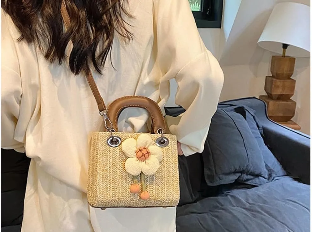 Large capacity Bag Sweet Flower - decorated Straw Handbag, Essential for Stylish Outings Ladies shoulder Bag