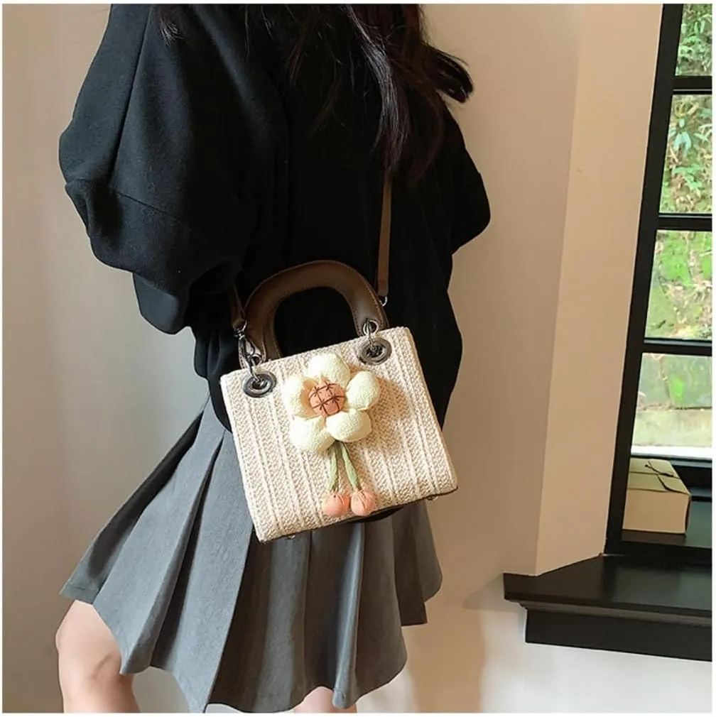 Large capacity Bag Sweet Flower - decorated Straw Handbag, Essential for Stylish Outings Ladies shoulder Bag