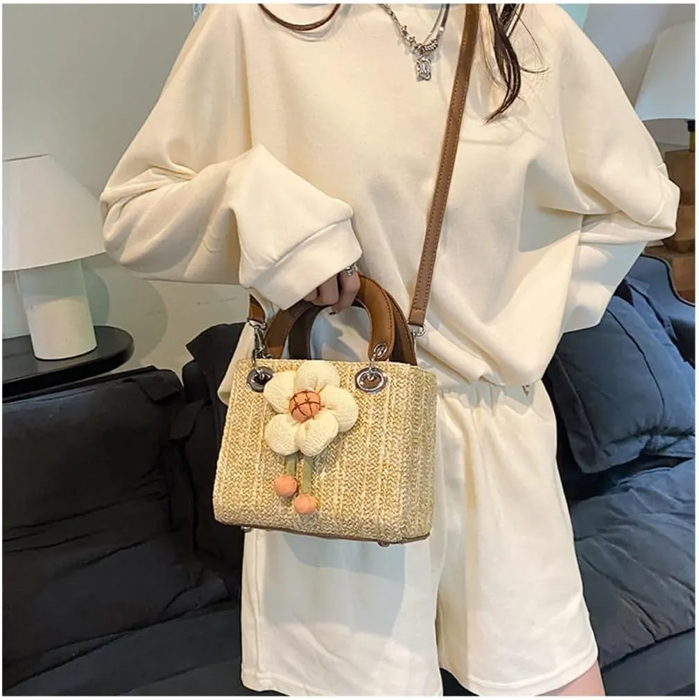 Large capacity Bag Sweet Flower - decorated Straw Handbag, Essential for Stylish Outings Ladies shoulder Bag