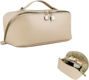 Large Capacity Makeup Bag, PU Leather Makeup Bag Organizer, Toiletry Bag for Women, Travel Makeup Bag with divider, Cosmetic Bags for Women Leather Waterproof Cosmetic Bag, Open Flat Designe (Beige)