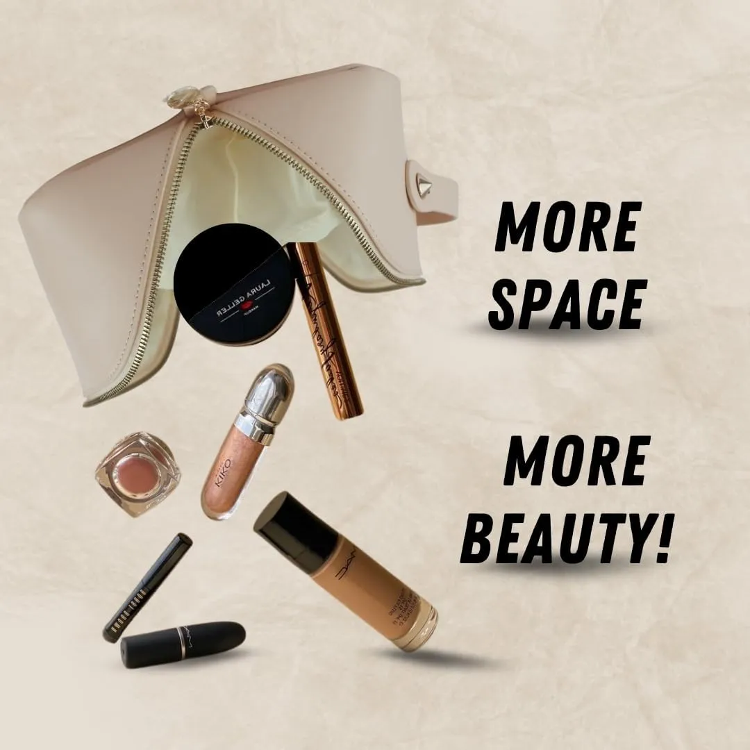 Large Capacity Makeup Bag, PU Leather Makeup Bag Organizer, Toiletry Bag for Women, Travel Makeup Bag with divider, Cosmetic Bags for Women Leather Waterproof Cosmetic Bag, Open Flat Designe (Beige)