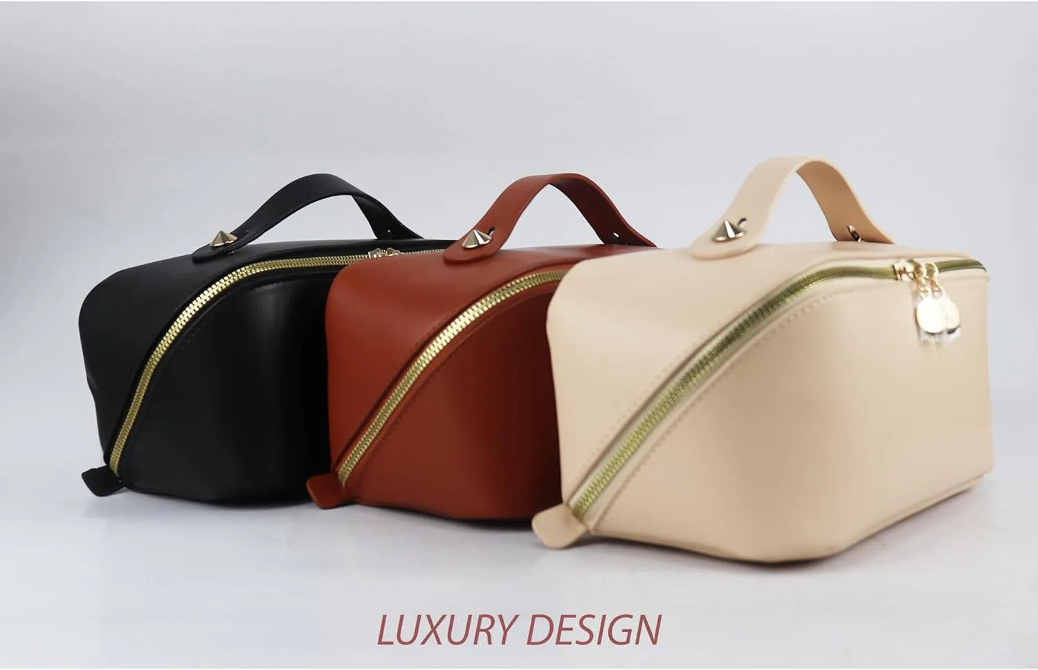 Large Capacity Makeup Bag, PU Leather Makeup Bag Organizer, Toiletry Bag for Women, Travel Makeup Bag with divider, Cosmetic Bags for Women Leather Waterproof Cosmetic Bag, Open Flat Designe (Beige)