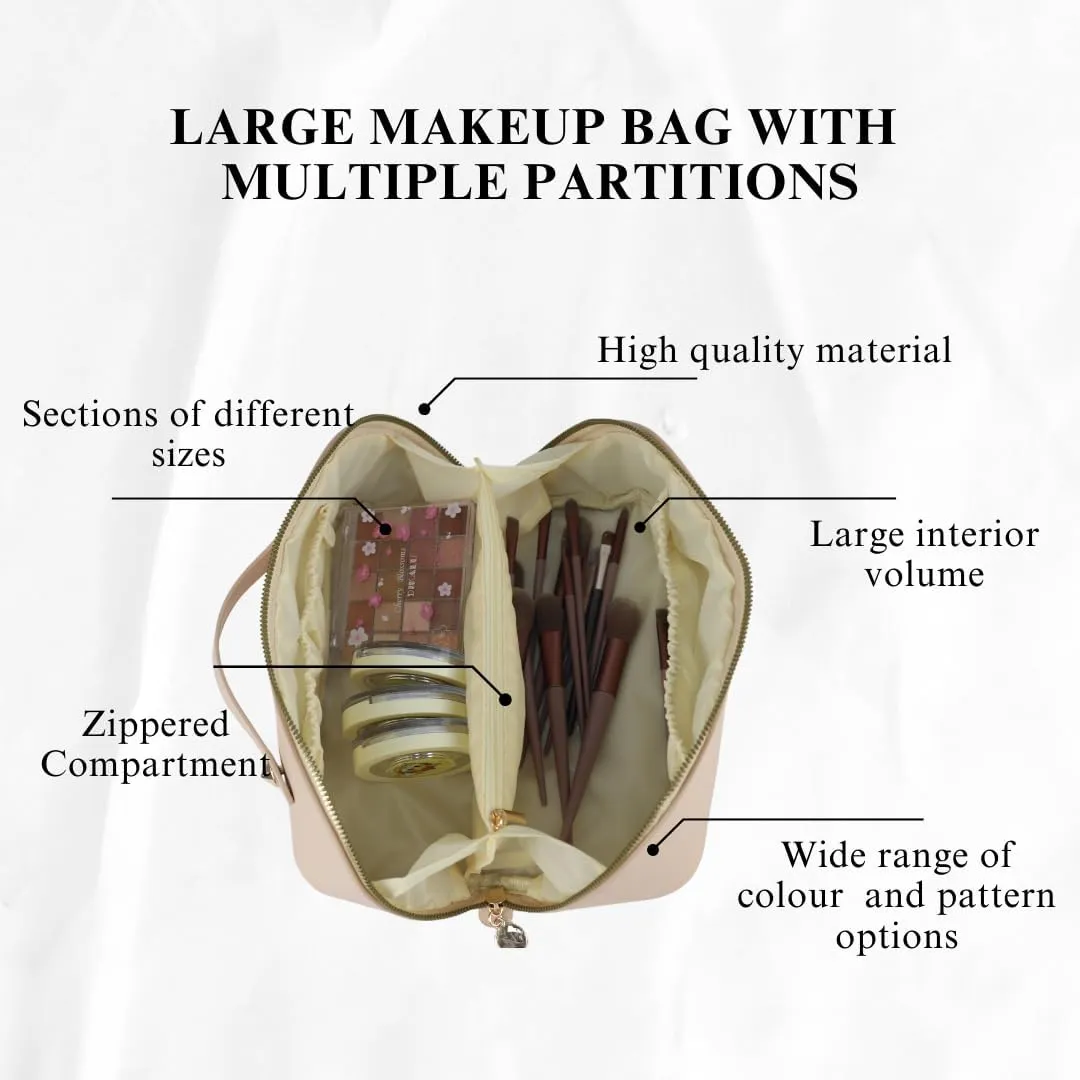 Large Capacity Makeup Bag, PU Leather Makeup Bag Organizer, Toiletry Bag for Women, Travel Makeup Bag with divider, Cosmetic Bags for Women Leather Waterproof Cosmetic Bag, Open Flat Designe (Beige)