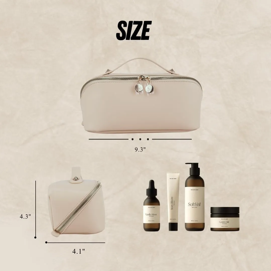 Large Capacity Makeup Bag, PU Leather Makeup Bag Organizer, Toiletry Bag for Women, Travel Makeup Bag with divider, Cosmetic Bags for Women Leather Waterproof Cosmetic Bag, Open Flat Designe (Beige)
