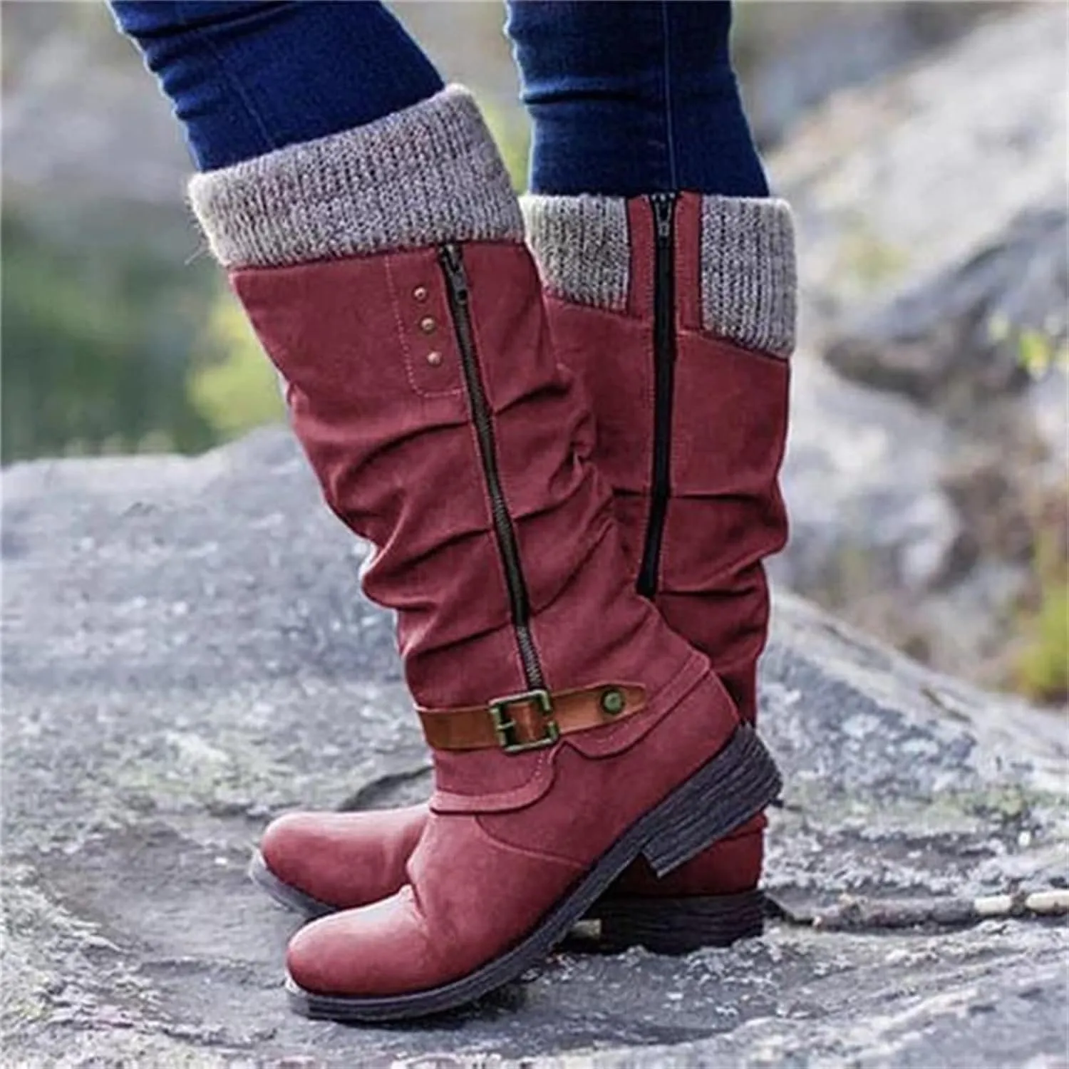 Lausiuoe Boots For Women Low Heel Mid Calf Warm Thermal Outdoor Walking Snow Winter Boots Chunky Side Zip Western Cowboy Boots