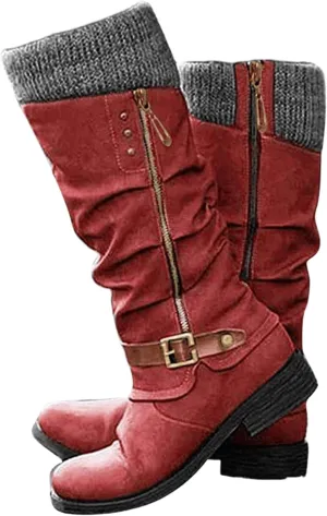 Lausiuoe Boots For Women Low Heel Mid Calf Warm Thermal Outdoor Walking Snow Winter Boots Chunky Side Zip Western Cowboy Boots