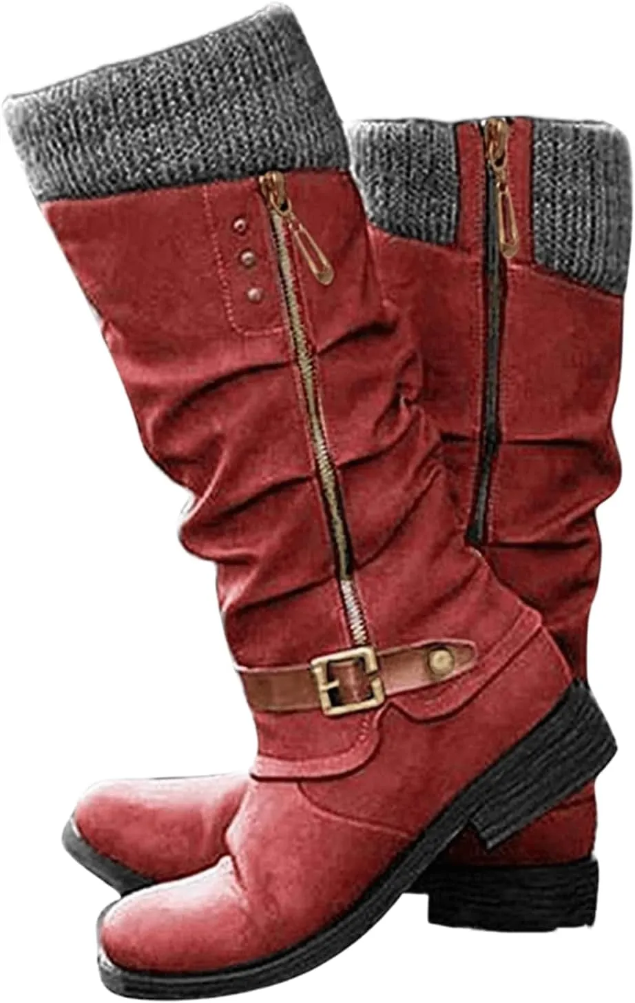 Lausiuoe Boots For Women Low Heel Mid Calf Warm Thermal Outdoor Walking Snow Winter Boots Chunky Side Zip Western Cowboy Boots