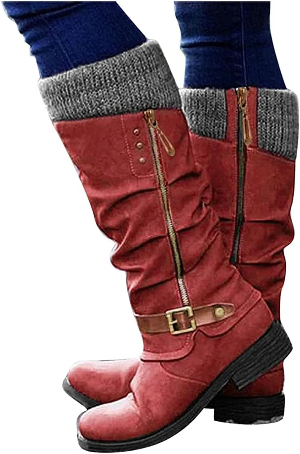 Lausiuoe Boots For Women Low Heel Sexy Winter Western Cowboy Boots Knee High Cowgirl Style Wide calf Fashion Snow Boots