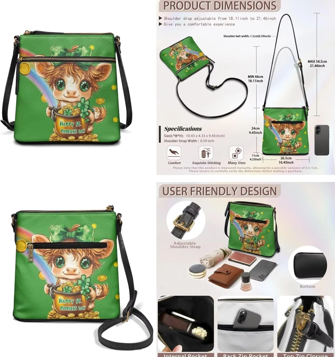 Leather Bucket Crossbody Bags for Women 2 Pieces St. Patrick's Day Crossbody Satchel Bags Purses for Women