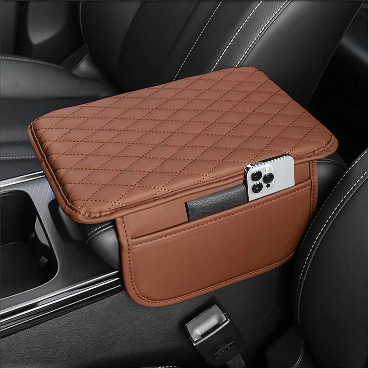 Leather Car Center Console Cover for Toyota Tundra 2007-2023, Universal Car Armrest Cover Protector 2 Storage Bags Waterproof Anti Scratch Interior Accessories, Brown