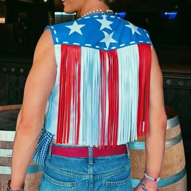 Leather Fringe Vest, American Flag Design, Western Cowboy Style, Unisex