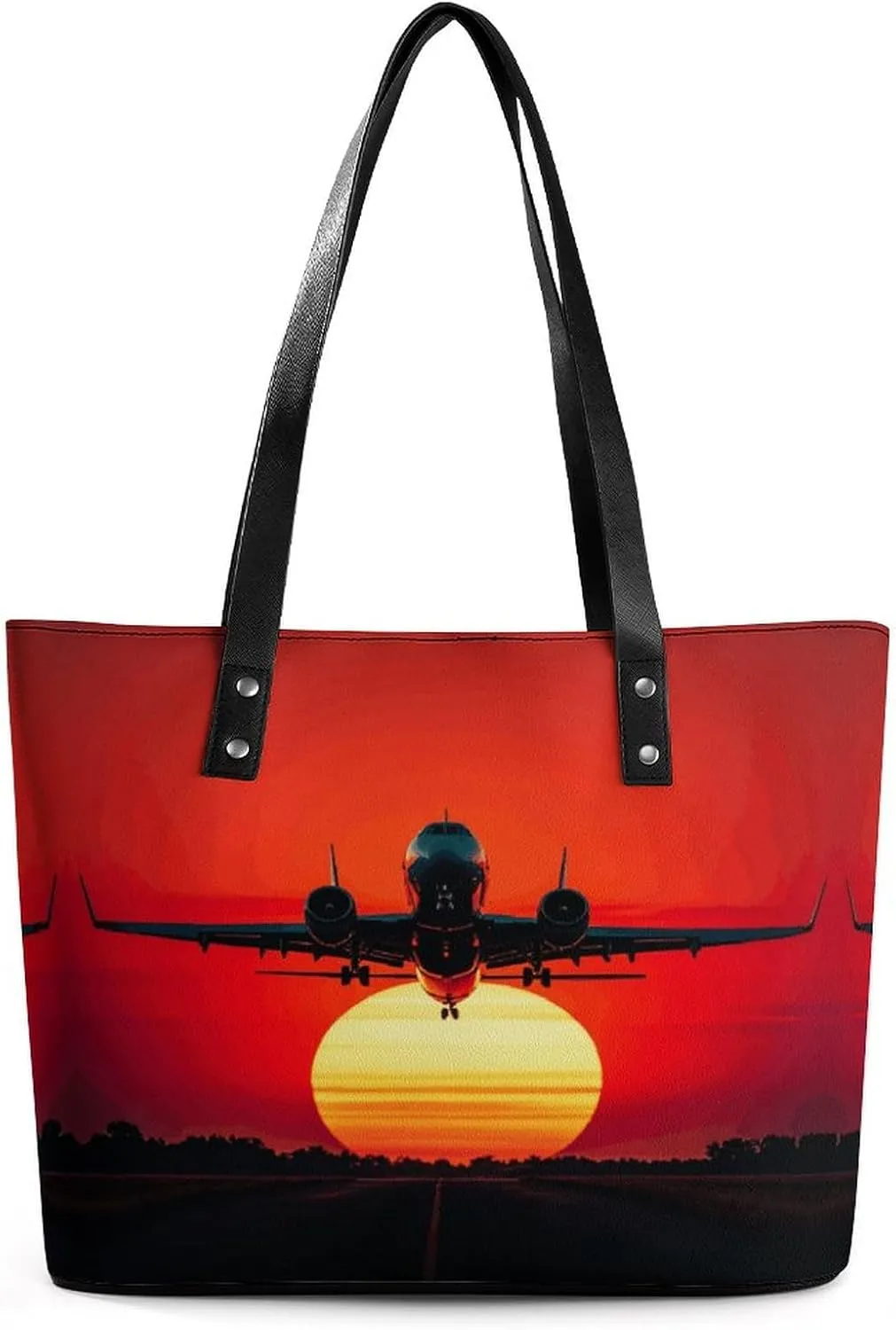 Leather Lady's Handbag Romantic Red Sunset Plane Print Leather Tote Bags For Women Trendy Ladies Shoulder Bag for Work, Travel, Casual Use