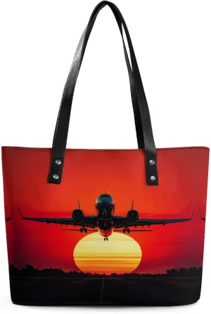 Leather Lady's Handbag Romantic Red Sunset Plane Print Leather Tote Bags For Women Trendy Ladies Shoulder Bag for Work, Travel, Casual Use