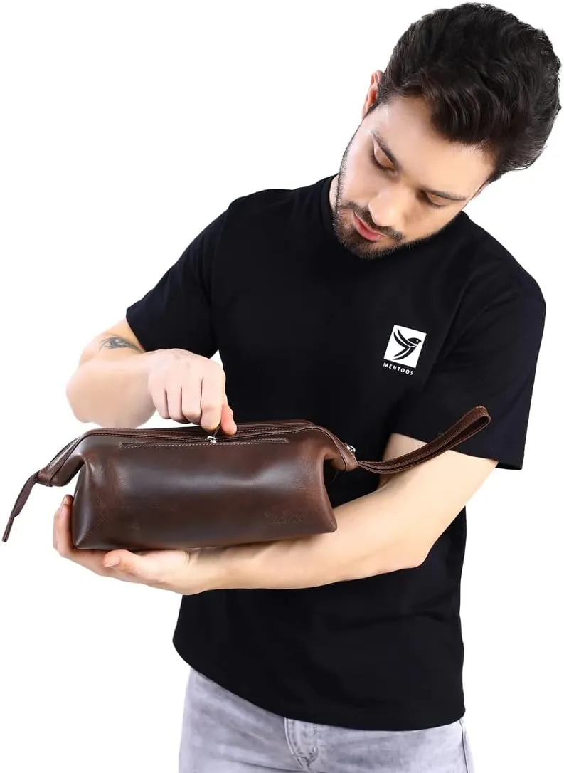 Leather Toiletry Bag for Men, Wire Toiletry Bag (3 Dark Brown)