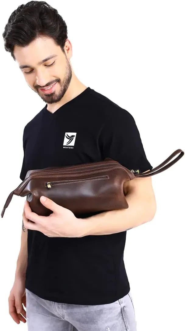 Leather Toiletry Bag for Men, Wire Toiletry Bag (3 Dark Brown)