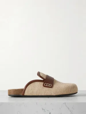 Leather-trimmed textured-canvas clogs