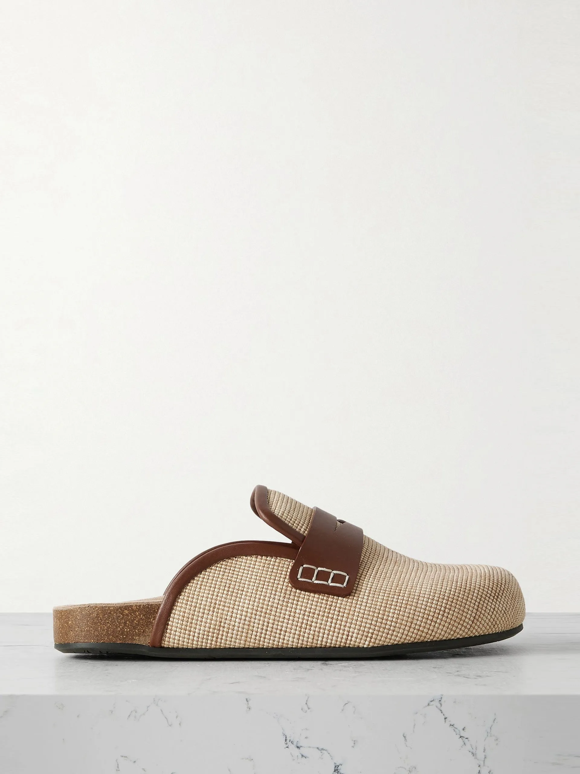 Leather-trimmed textured-canvas clogs