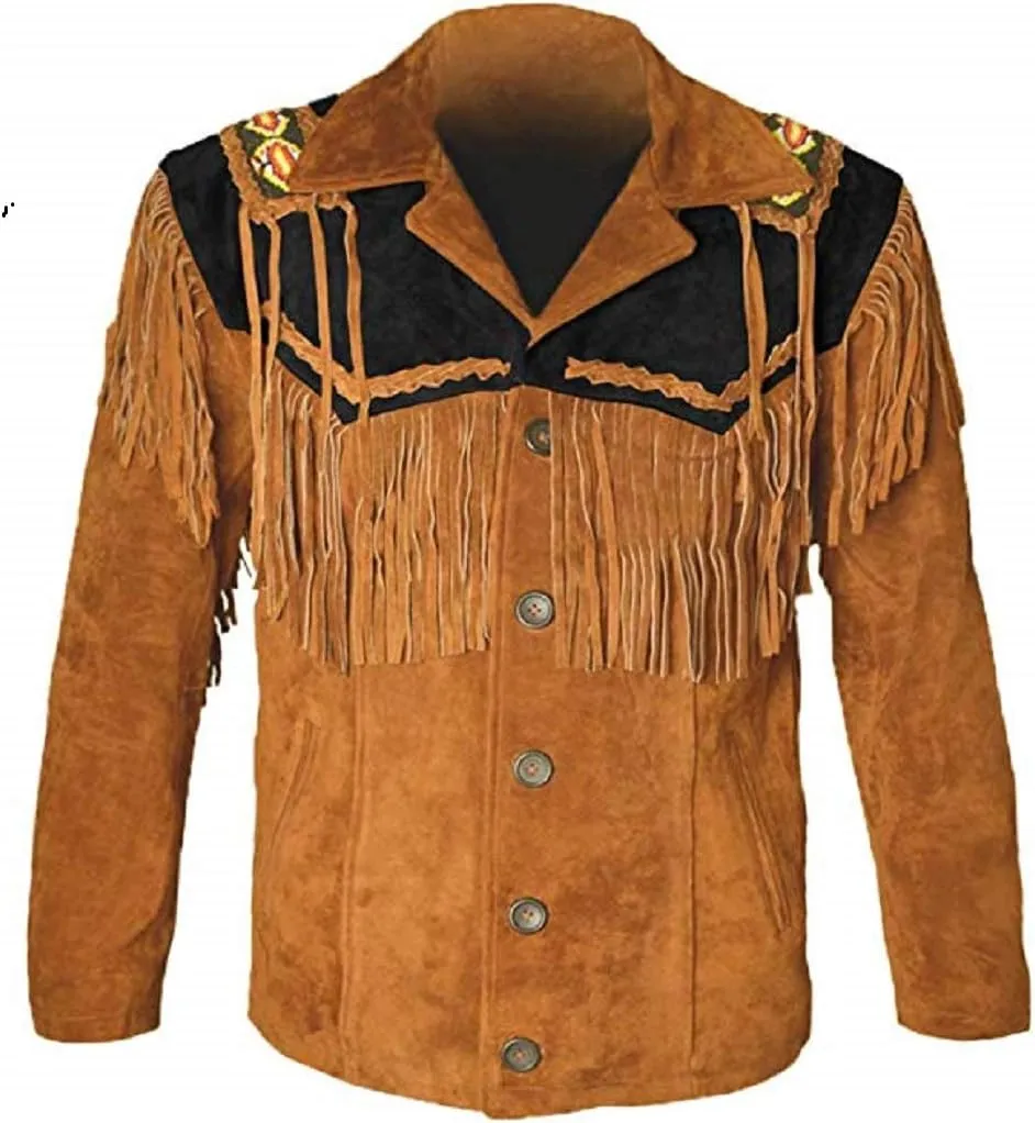 LEATHERAY Western Leather Jackets for Men Cowboy Leather Jacket and Fringe Beaded Coat Suede Leather shirt