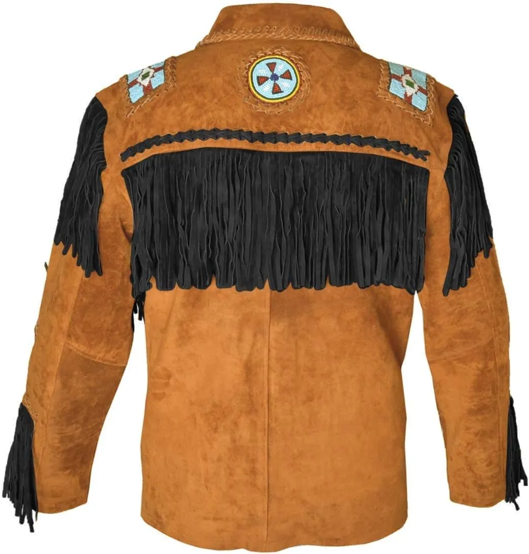 LEATHERAY Western Leather Jackets for Men Cowboy Leather Jacket and Fringe Beaded Coat Suede Leather Shirt