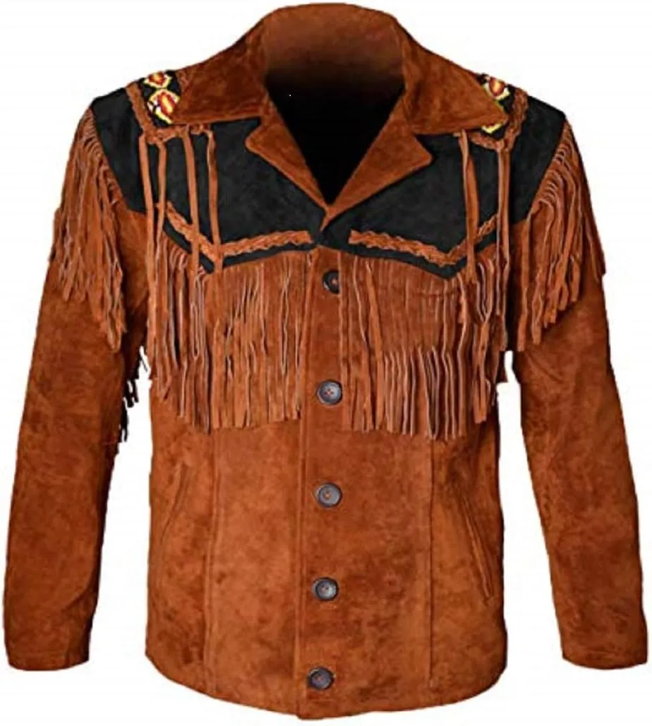 LEATHERAY Western Leather Jackets for Men Cowboy Leather Jacket and Fringe Beaded Coat Suede Leather shirt