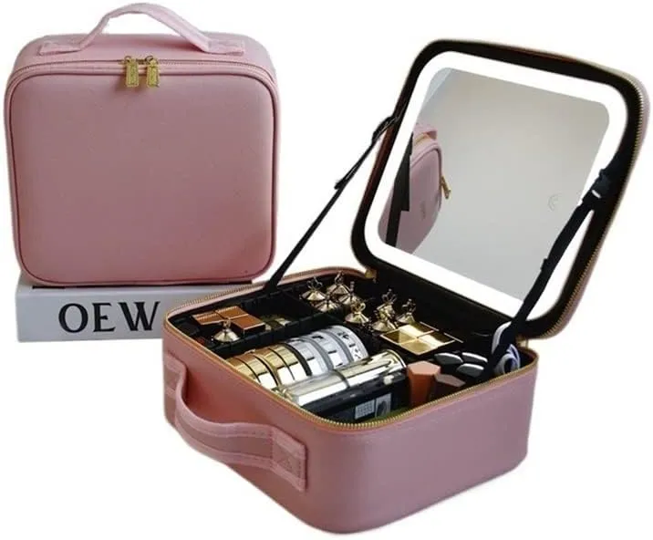 led Makeup Bag Smart LED Makeup Bag,for Women with Mirror with Compartments Waterproof PU Leather Travel Cosmetic Case (Color : Pink with Led)