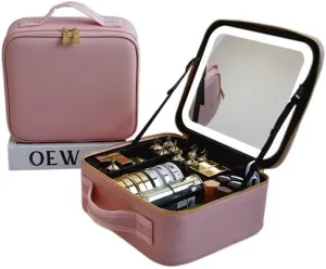 led Makeup Bag Smart LED Makeup Bag,for Women with Mirror with Compartments Waterproof PU Leather Travel Cosmetic Case (Color : Pink with Led)