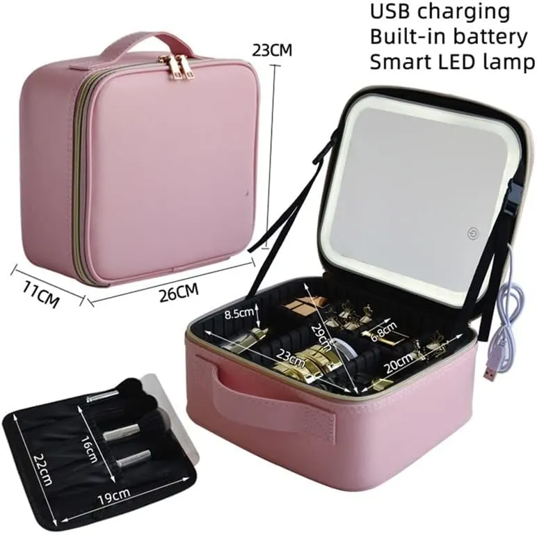 led Makeup Bag Smart LED Makeup Bag,for Women with Mirror with Compartments Waterproof PU Leather Travel Cosmetic Case (Color : Pink with Led)