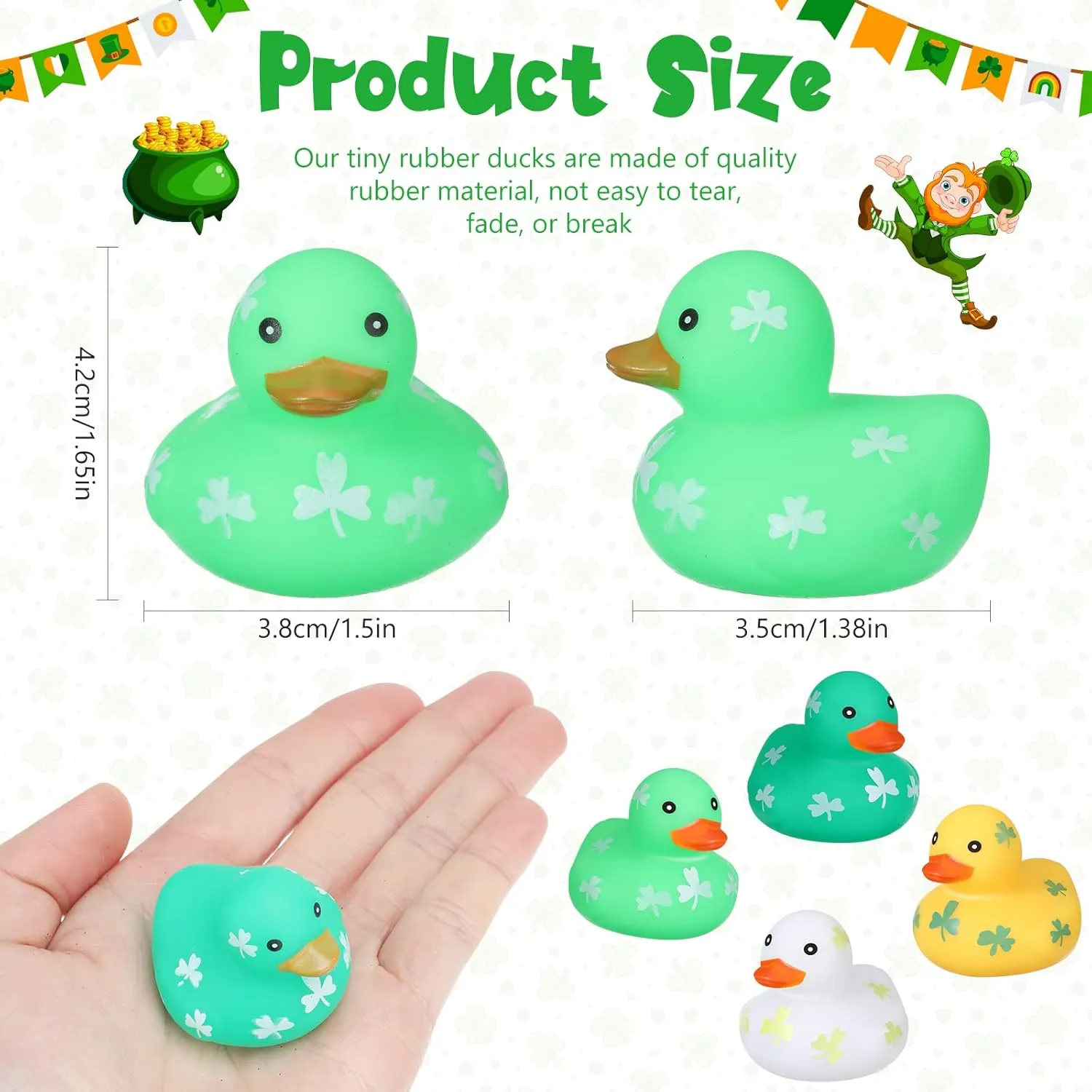 Leitee 48 Pcs St. Patrick's Day Rubber Ducks Mini Shamrock Ducks 4 Styles Holiday Rubber Baby Showers Bath Toys for St. Patrick's Day Party Favors Birthday Party Class Rewards