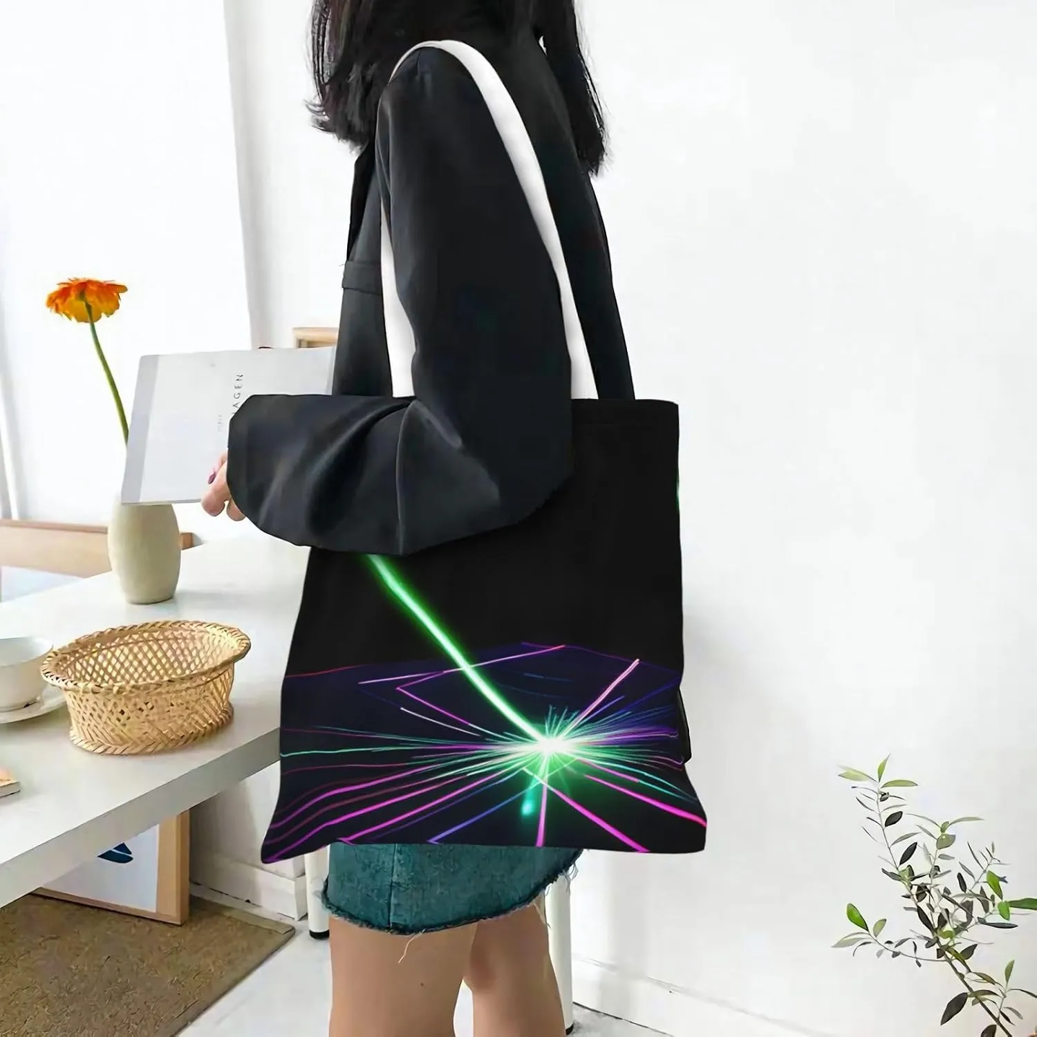 Lemon And Flowers Canvas Tote Bags For Women Handbag Tote Purse,Canvas Crossbody Bag For Office, Travel, School