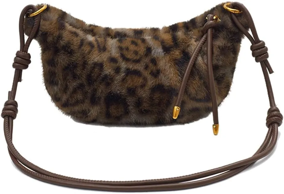 Leopard Fluffy Sling Dumpling Bag Cheetah Print Fuzzy Furry Shoulder Crossbody Crescent Bag Leopard Plush Horn Bag