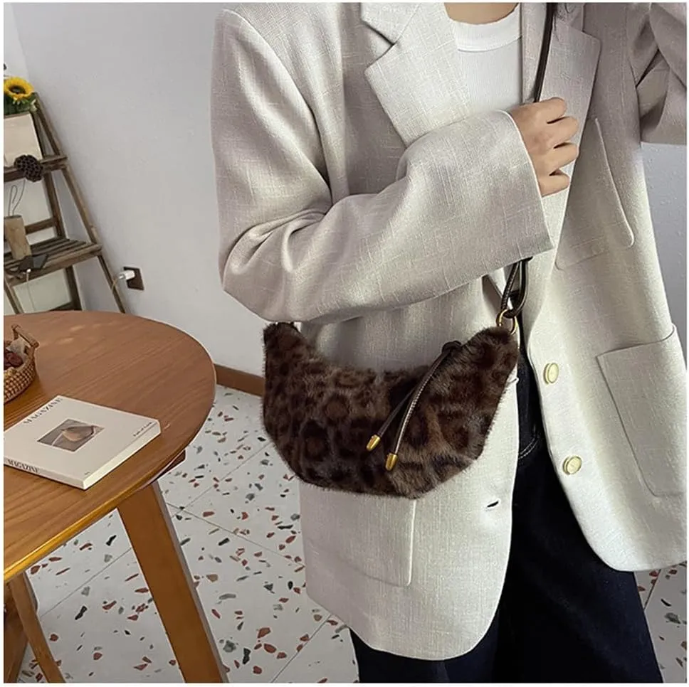 Leopard Fluffy Sling Dumpling Bag Cheetah Print Fuzzy Furry Shoulder Crossbody Crescent Bag Leopard Plush Horn Bag