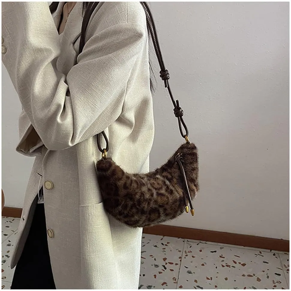 Leopard Fluffy Sling Dumpling Bag Cheetah Print Fuzzy Furry Shoulder Crossbody Crescent Bag Leopard Plush Horn Bag