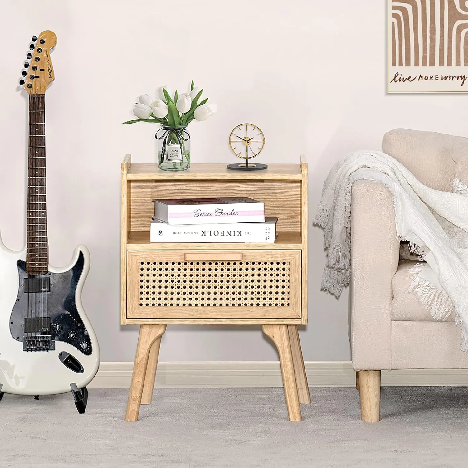 Lerliuo Rattan Nightstand, Boho Side Table with Drawer Open Shelf, Cane Accent Bedside End Table with Solid Wood Legs for Bedroom, Dorm and Small Spaces (Natural)