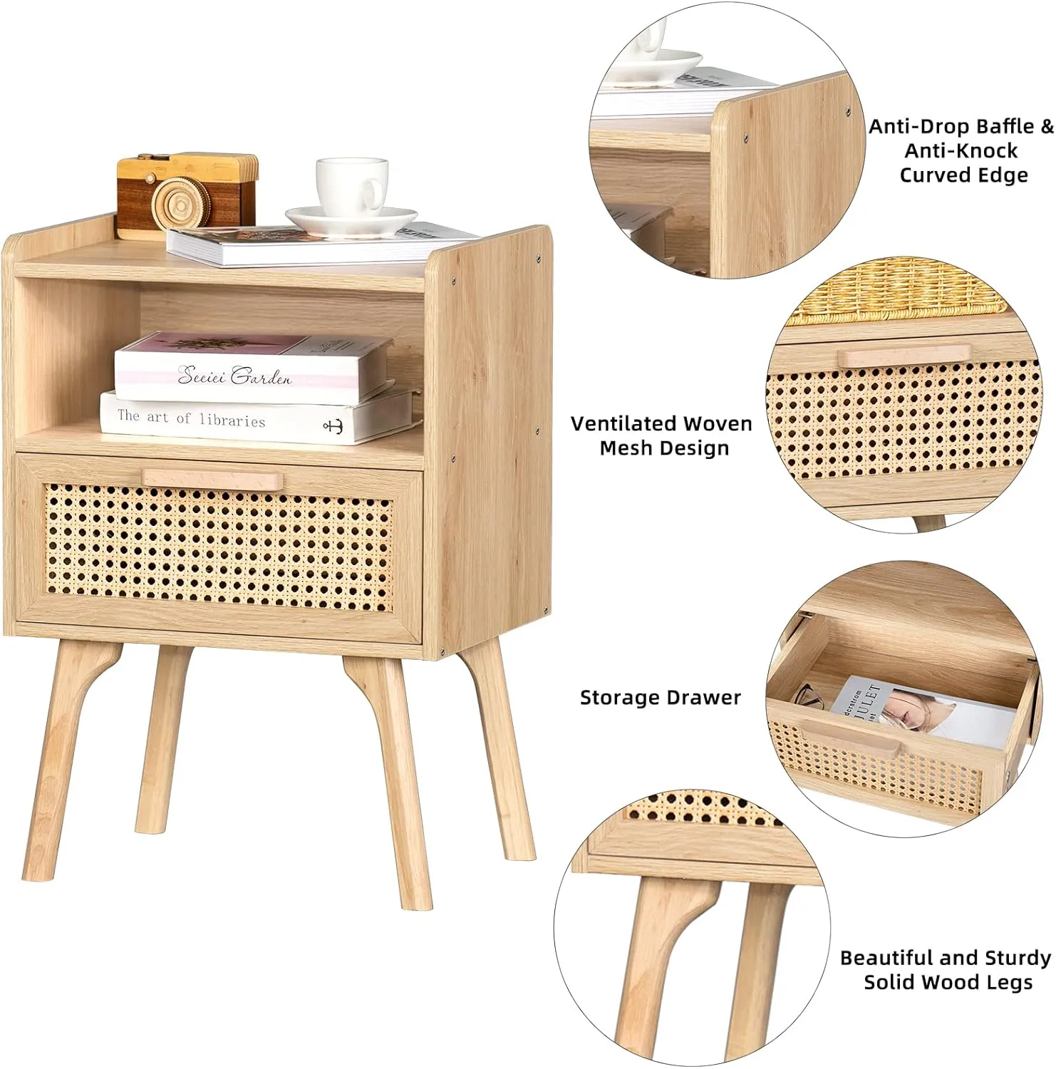 Lerliuo Rattan Nightstand, Boho Side Table with Drawer Open Shelf, Cane Accent Bedside End Table with Solid Wood Legs for Bedroom, Dorm and Small Spaces (Natural)