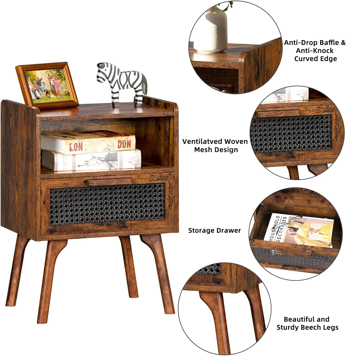 Lerliuo Rattan Nightstand, Side Table with Drawer Open Shelf, Cane Accent Bedside End Table with Solid Wood Legs, Mid Century Modern Night Stand for Bedroom, Dorm and Small Spaces (Brown)