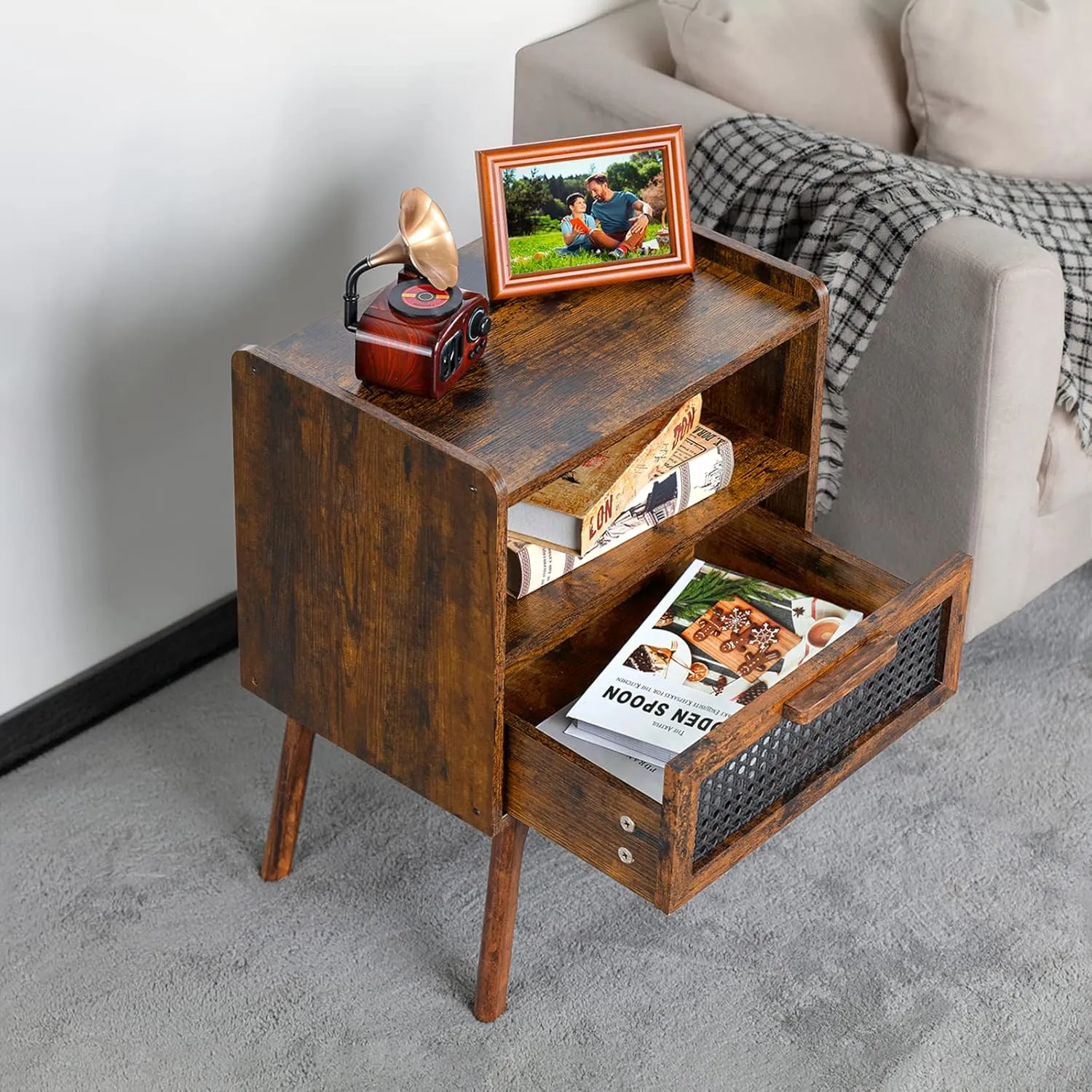 Lerliuo Rattan Nightstand, Side Table with Drawer Open Shelf, Cane Accent Bedside End Table with Solid Wood Legs, Mid Century Modern Night Stand for Bedroom, Dorm and Small Spaces (Brown)