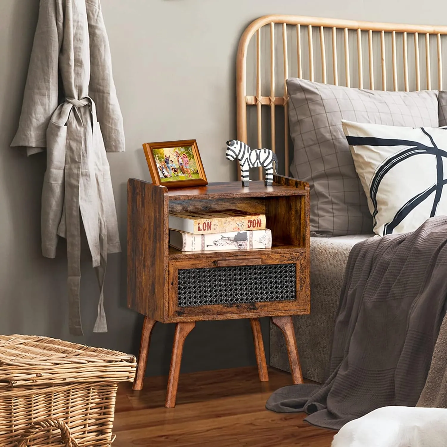 Lerliuo Rattan Nightstand, Side Table with Drawer Open Shelf, Cane Accent Bedside End Table with Solid Wood Legs, Mid Century Modern Night Stand for Bedroom, Dorm and Small Spaces (Brown)