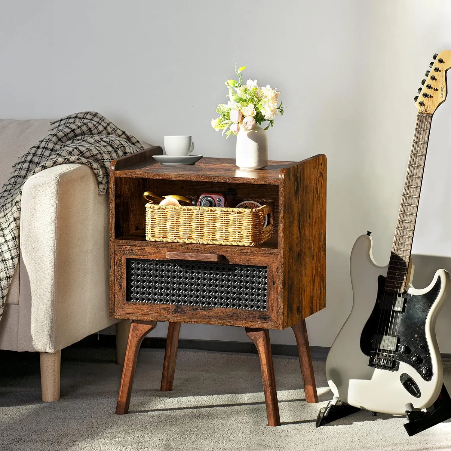Lerliuo Rattan Nightstand, Side Table with Drawer Open Shelf, Cane Accent Bedside End Table with Solid Wood Legs, Mid Century Modern Night Stand for Bedroom, Dorm and Small Spaces (Brown)