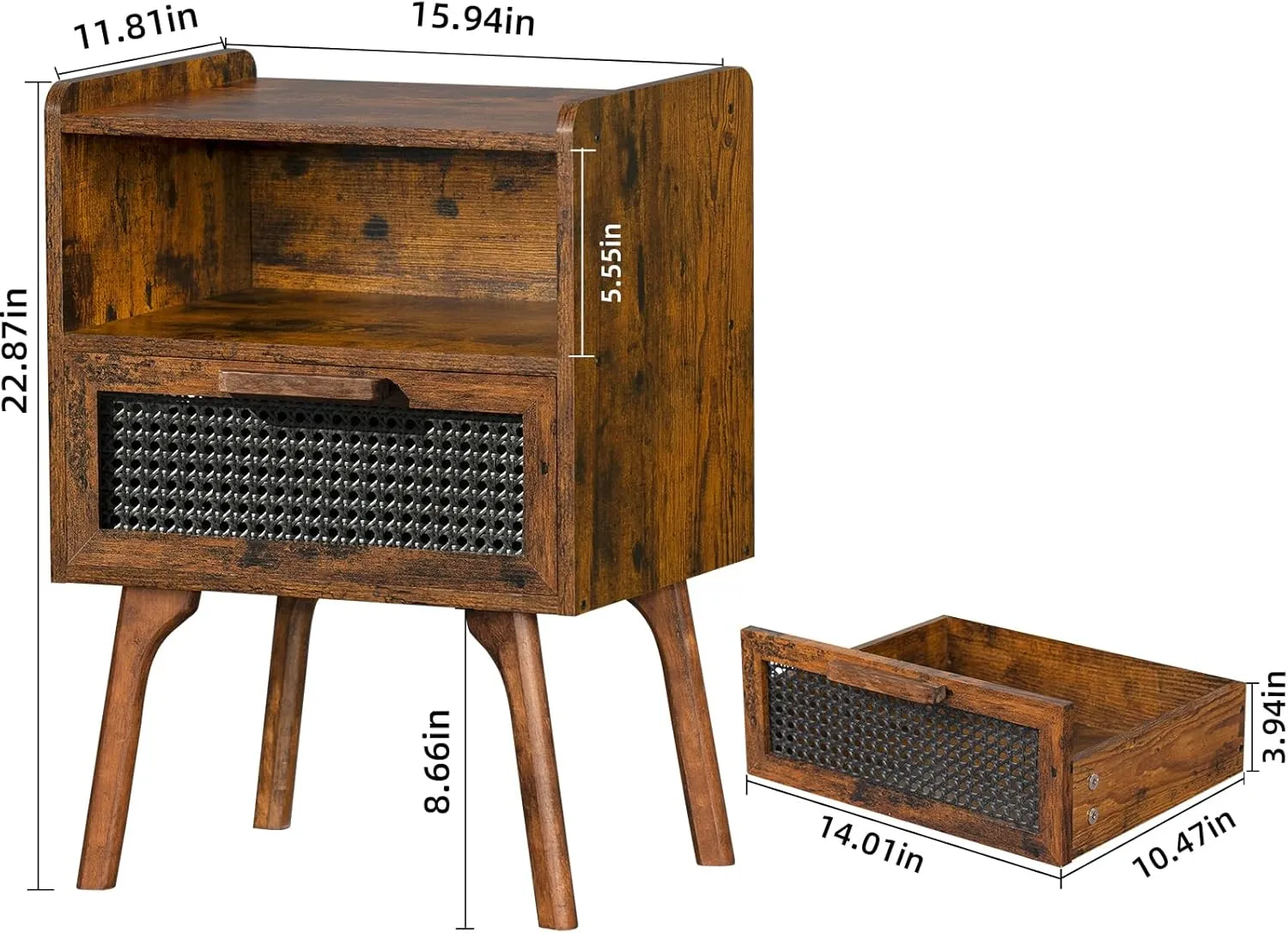 Lerliuo Rattan Nightstand, Side Table with Drawer Open Shelf, Cane Accent Bedside End Table with Solid Wood Legs, Mid Century Modern Night Stand for Bedroom, Dorm and Small Spaces (Brown)