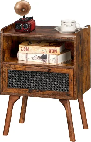 Lerliuo Rattan Nightstand, Side Table with Drawer Open Shelf, Cane Accent Bedside End Table with Solid Wood Legs, Mid Century Modern Night Stand for Bedroom, Dorm and Small Spaces (Brown)