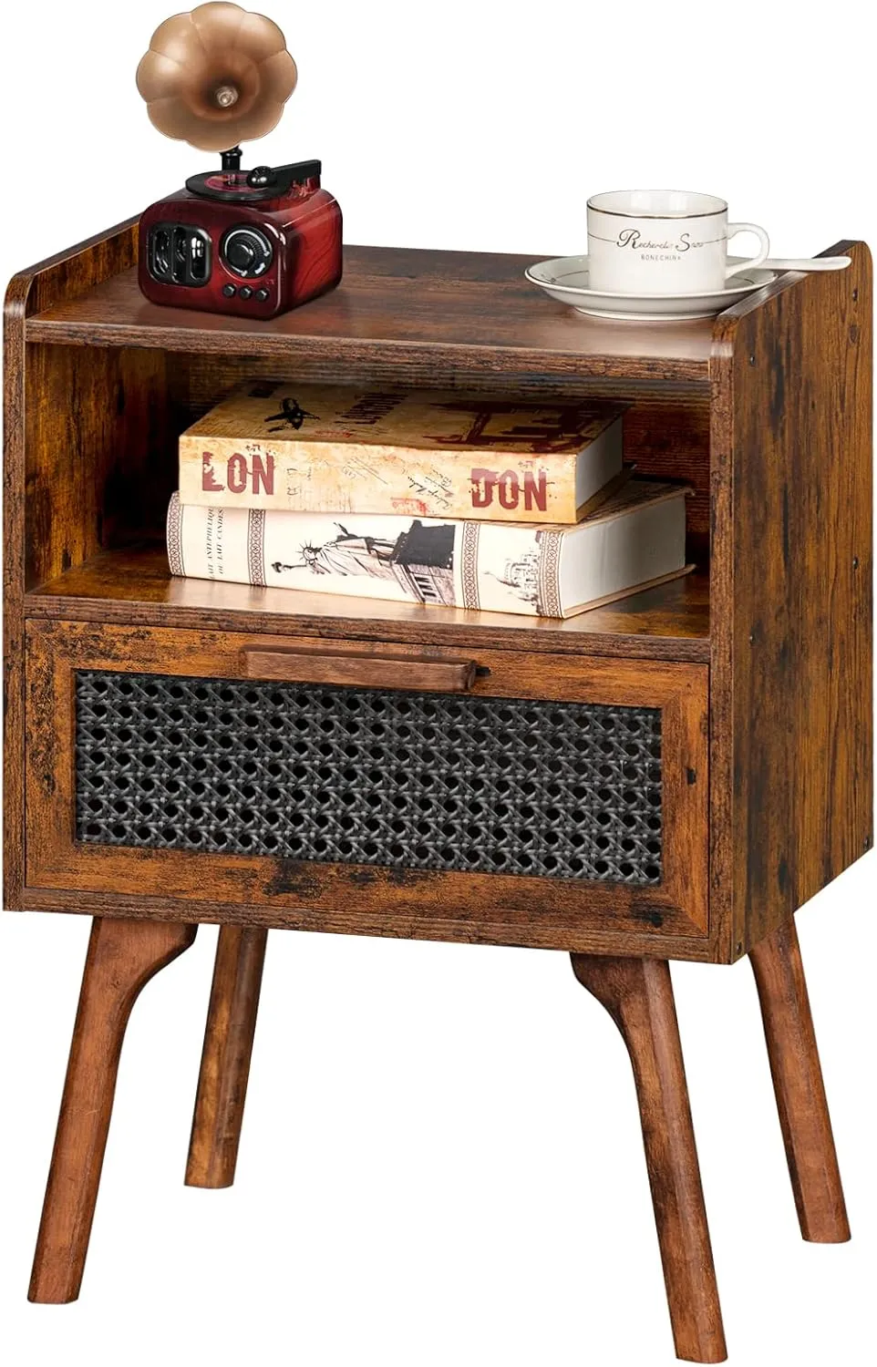Lerliuo Rattan Nightstand, Side Table with Drawer Open Shelf, Cane Accent Bedside End Table with Solid Wood Legs, Mid Century Modern Night Stand for Bedroom, Dorm and Small Spaces (Brown)