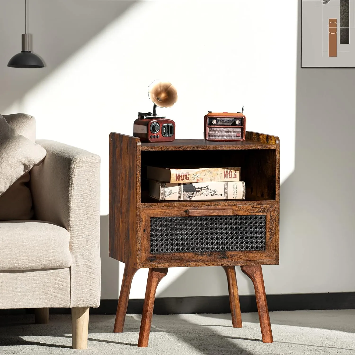 Lerliuo Rattan Nightstand, Side Table with Drawer Open Shelf, Cane Accent Bedside End Table with Solid Wood Legs, Mid Century Modern Night Stand for Bedroom, Dorm and Small Spaces (Brown)