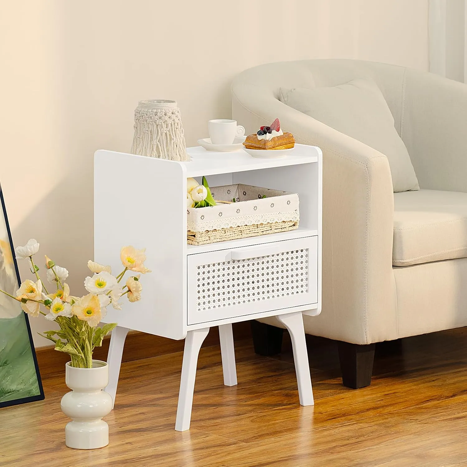 Lerliuo Rattan Nightstand, Side Table with Drawer Open Shelf, Cane Accent Bedside End Table with Solid Wood Legs, Mid Century Modern Night Stand for Bedroom, Dorm and Small Spaces (White)