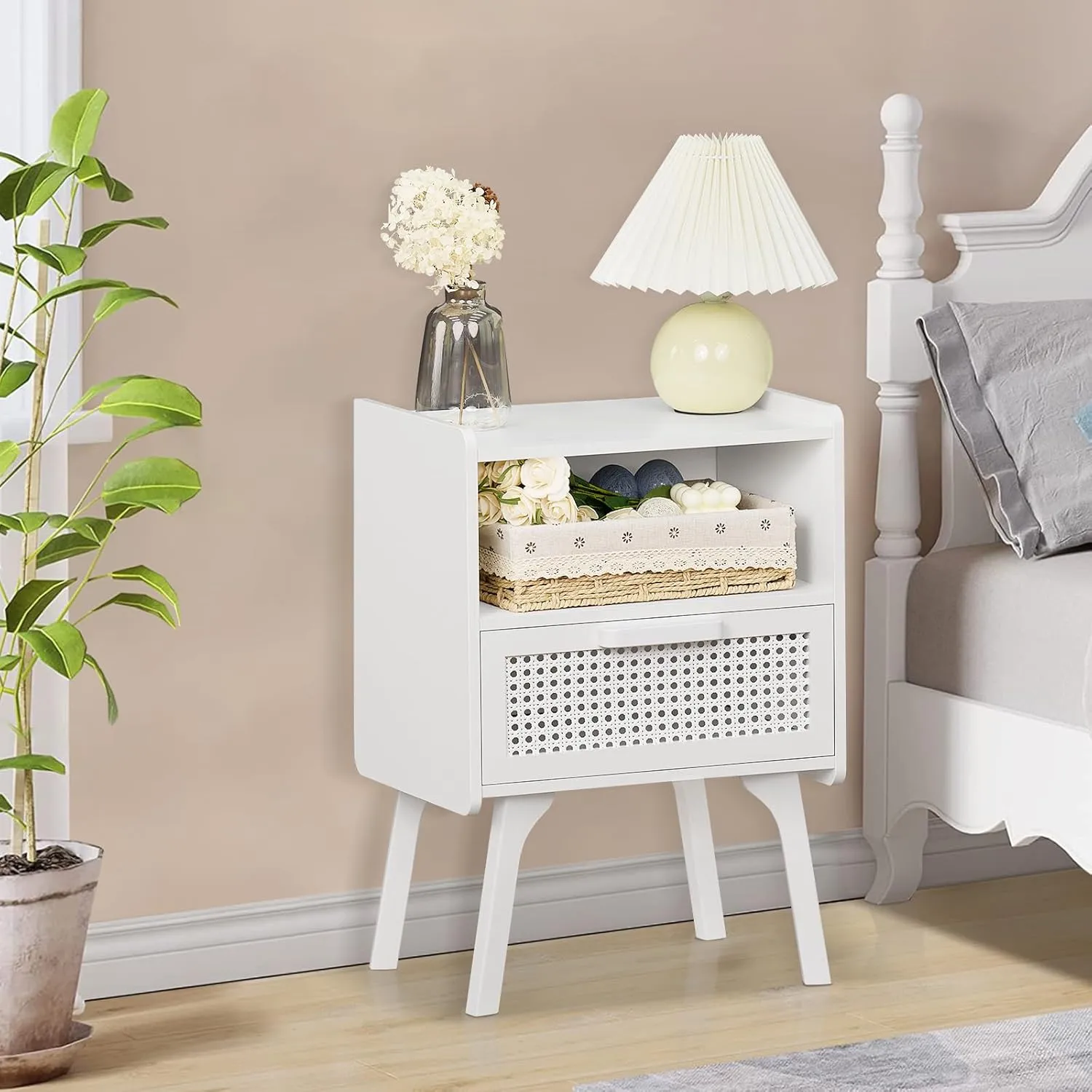 Lerliuo Rattan Nightstand, Side Table with Drawer Open Shelf, Cane Accent Bedside End Table with Solid Wood Legs, Mid Century Modern Night Stand for Bedroom, Dorm and Small Spaces (White)